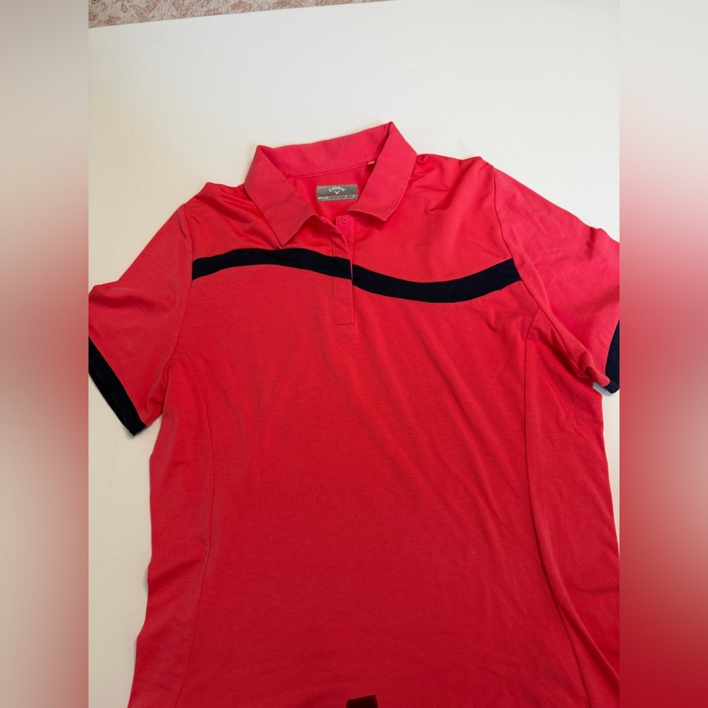 Callaway Opti Dri Golf Polo Coral Pink Navy Stripe Athletic Shirt Women’s Large - Picture 3 of 9